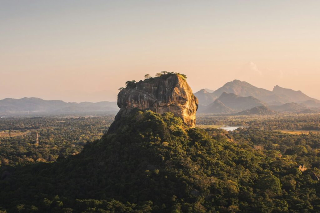 Landscape with Sigiriya rock at sunset in Sri Lanka